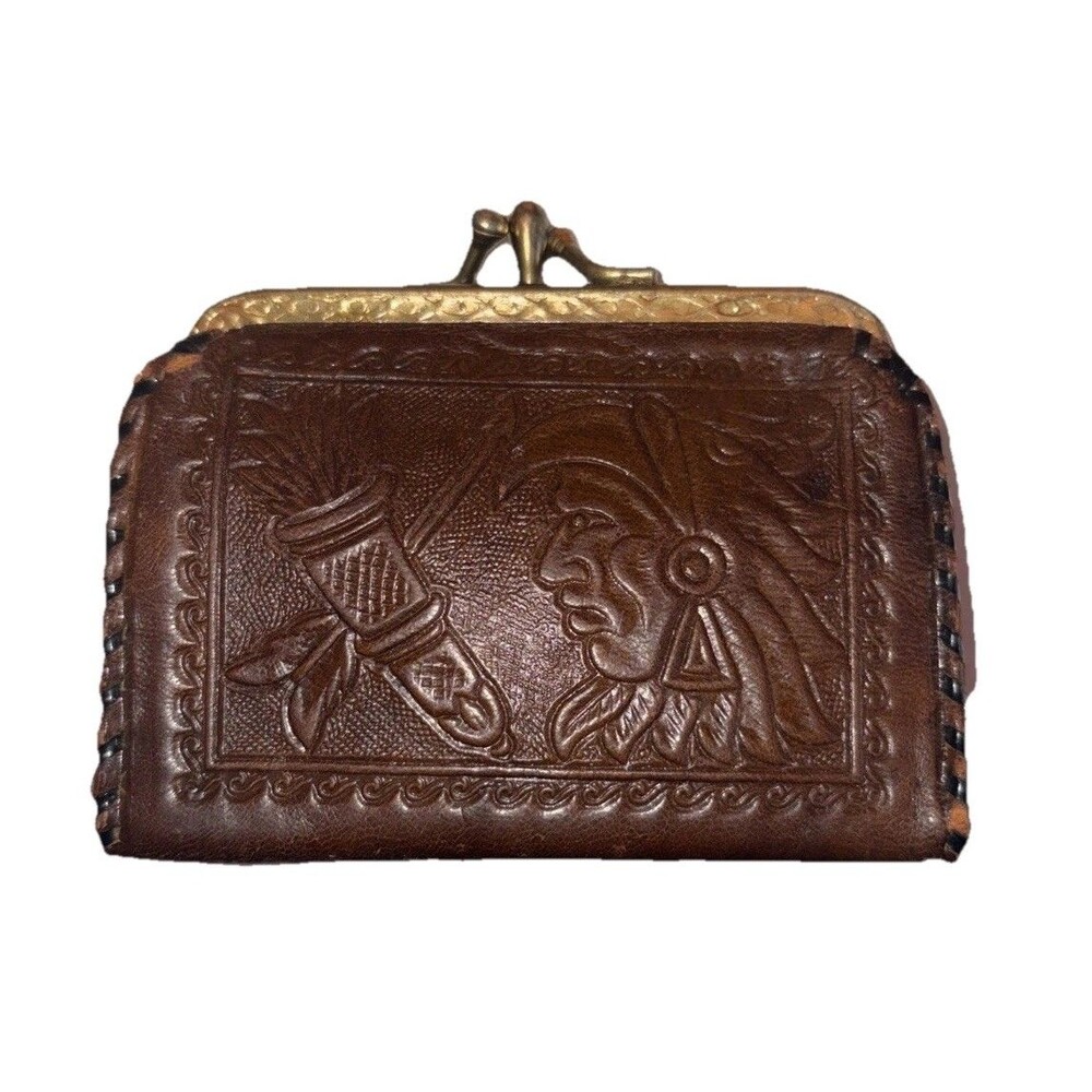 Vintage Western Tooled Leather Buck Stitched Top Clasp Wallet Change Purse